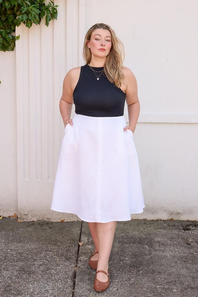 Woman modeling Arbor skirt in white
