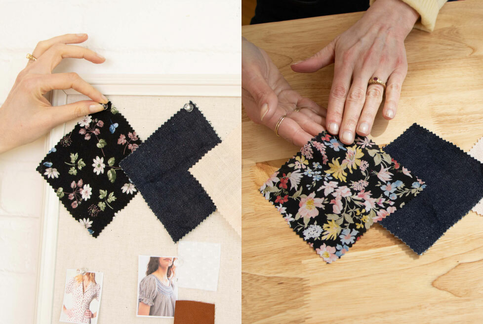 [image-09: Sarai's signature fabrics laid out together with sample swatches]