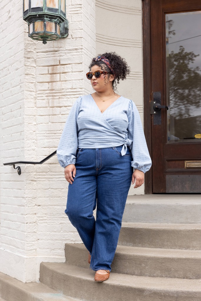 Woman modeling blue Idra top