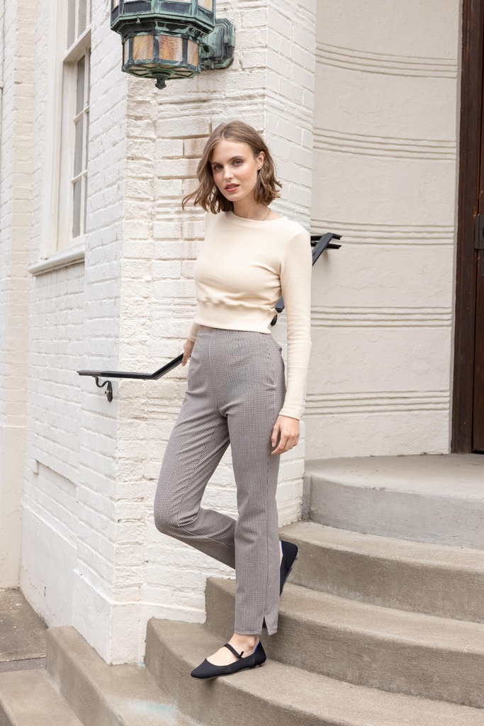 Woman modeling black and white Lars pants