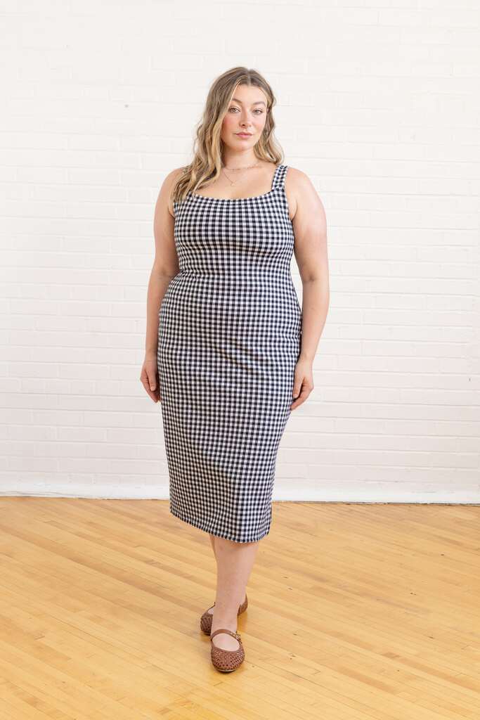 Woman wearing Citron dress in black and white