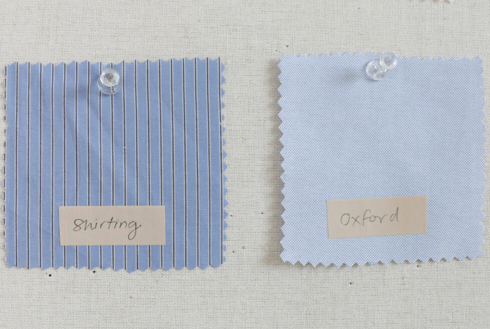 [image-04: Close-up of high-quality shirting fabric, showing the fine thread count and smooth surface alongside a sample of a flat-fell seam]